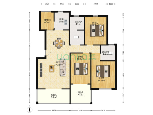 星马花园 3室1厅2卫 125平方