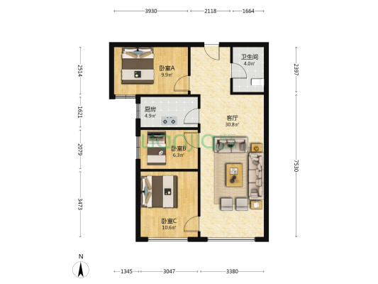 鸿坤理想湾北区全朝阳小三居，采光好，视野好。-户型图