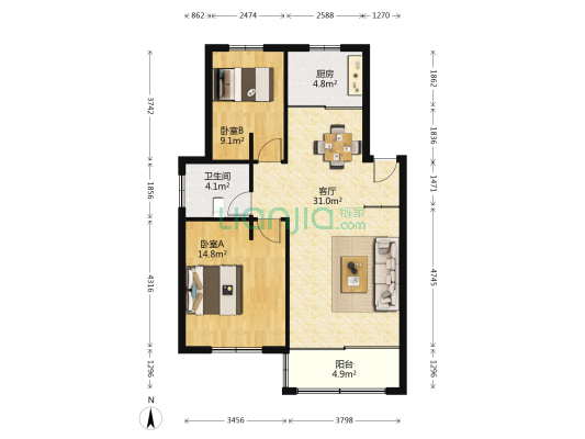 聚兴苑 2室1厅1卫 88平方
