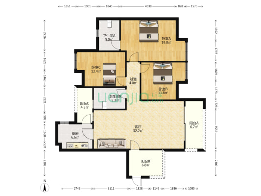 天投·东鑫苑云筑 3室1厅2卫 132平方