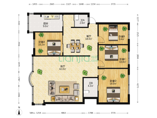 福华花园 4室2厅2卫 145平方