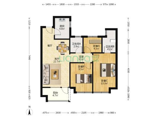 华城四季花园 3室1厅2卫 90平方