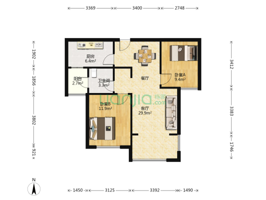 鸿园玉兰苑二期 2室1厅1卫 82平方