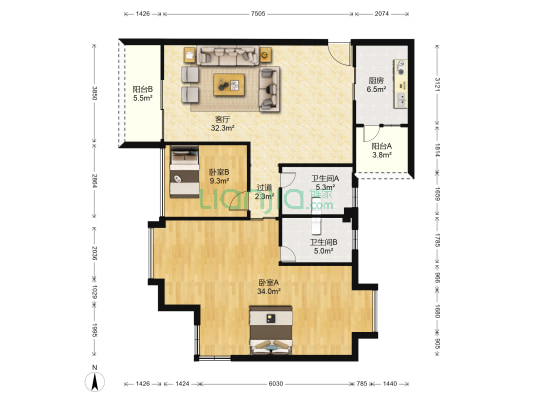 丽景城市广场 2室1厅2卫 113平方