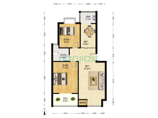 新希望澳园 2室2厅1卫 88平方