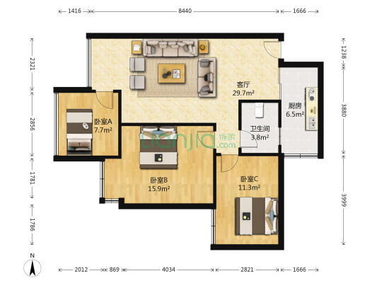 阳光新城一号 3室1厅1卫 78平方