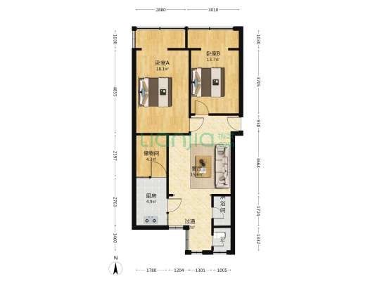 德阳市工商局雁江巷宿舍住房 2室1厅2卫 76平方