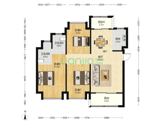金凤新苑B区 3室1厅2卫 110平方