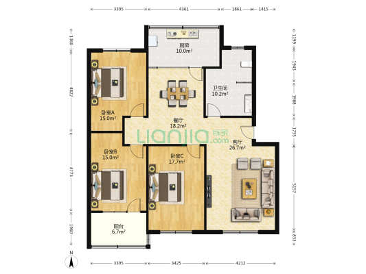 朝阳街3号院 3室2厅1卫 148平方