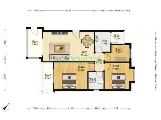 幸福春天 3室1厅1卫 88平方