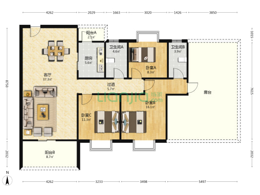 瑜进嘉园 3室1厅2卫 124平方