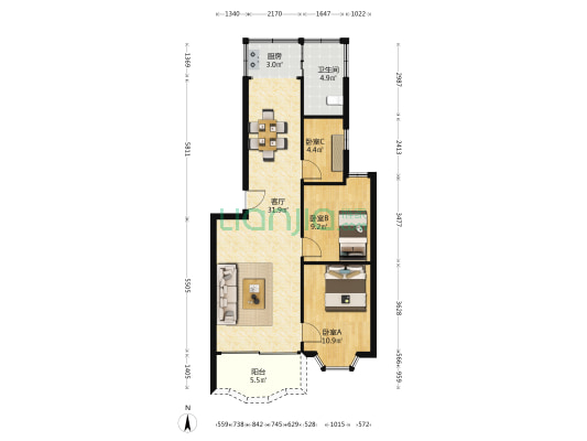 侨苑花园 3室1厅1卫 84平方
