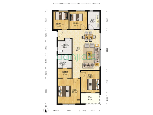 富阳宸光悦 4室1厅2卫 117平方