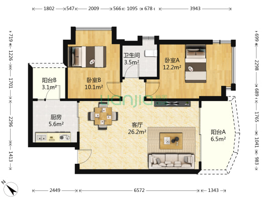 恒大绿洲 2室1厅1卫 75平方
