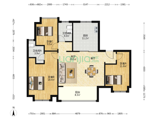 招商新城雍华府 3室1厅2卫 126平方