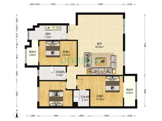 新亚洲体育城千紫园 3室1厅2卫 120平方