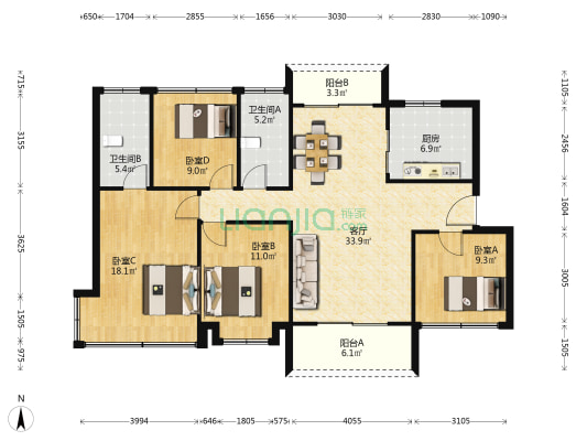 碧桂园欢乐颂 4室1厅2卫 126平方