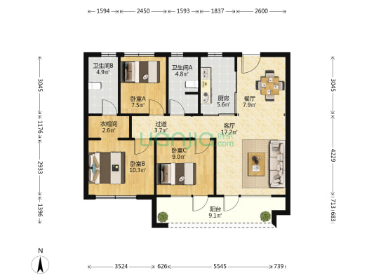 万科新都会二期 3室2厅2卫 111平方