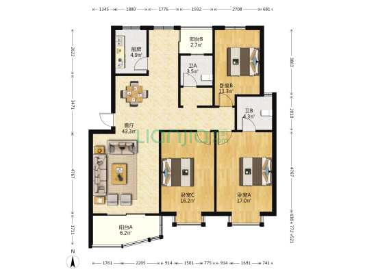 华城铂宫 3室1厅2卫 132平方