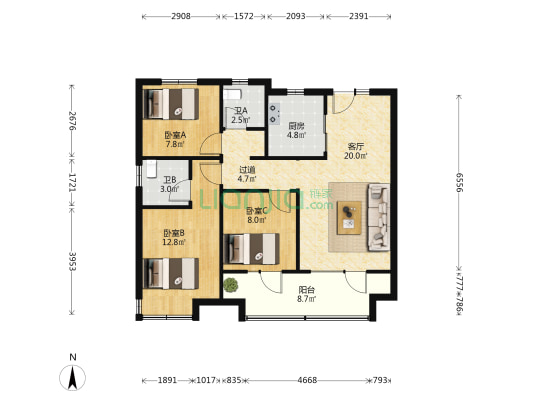 远洋山水 3室1厅2卫 105平方