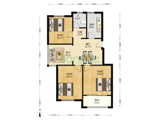 华盛沁园 3室2厅1卫 85平方