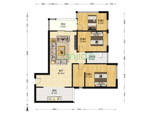 环球时代广场 3室1厅1卫 88平方