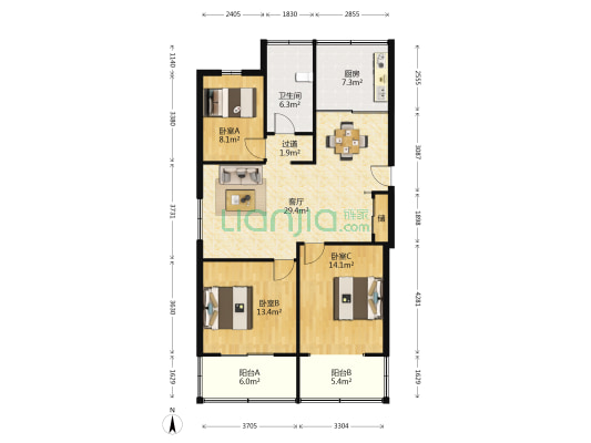 天馨花苑 3室1厅1卫 107平方