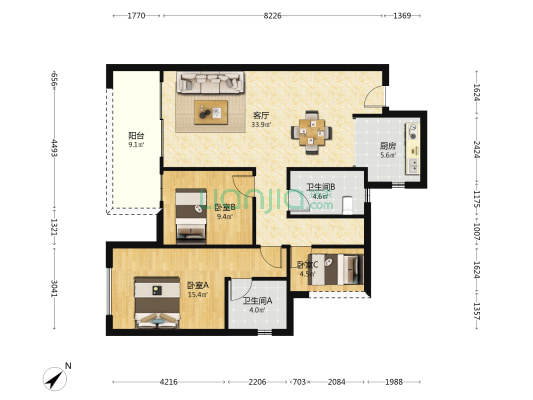 漓东新城 3室1厅2卫 97平方