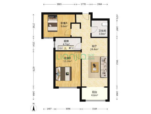 高楼层 精装修 满五 出入小区方便 朝南大两居-户型图