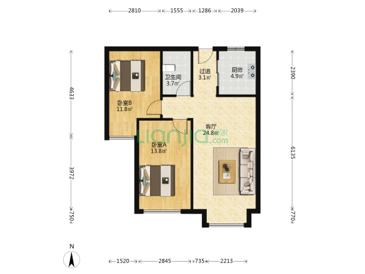 永定河孔雀城英国宫观礼 2室1厅1卫 87平方