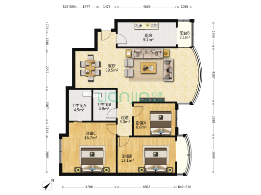 鸿禧花园 3室1厅2卫 129平方