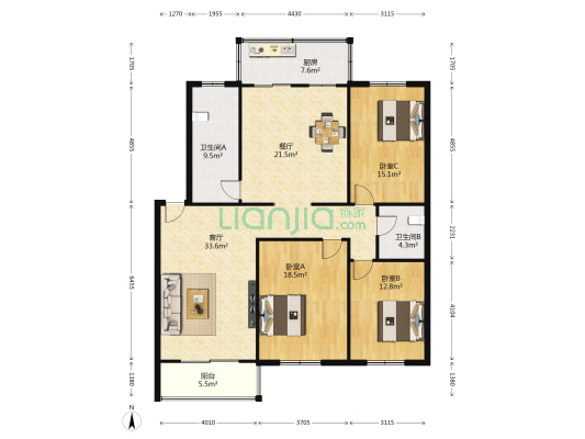 阳光公寓 3室2厅2卫 150平方