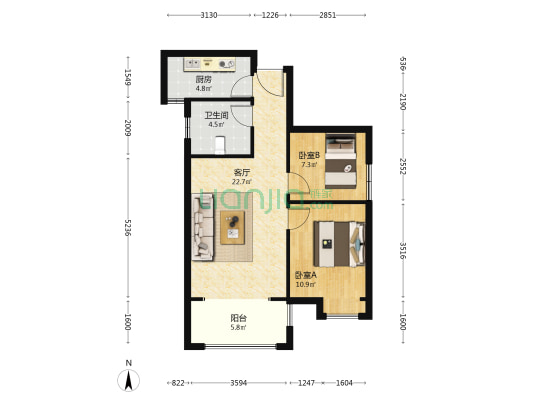國控中州新城 2室1厅1卫 75平方