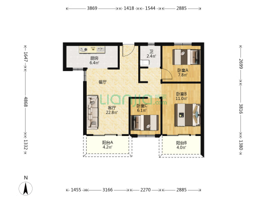 昆明奥园 3室1厅1卫 90平方