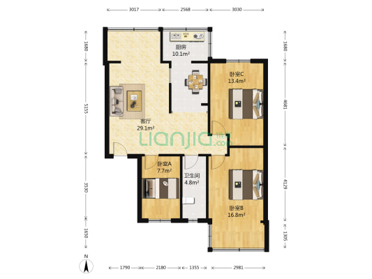 芳草街8号 3室1厅1卫 91平方