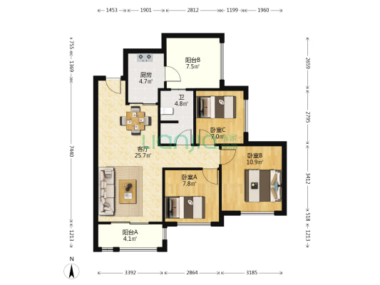蓝光幸福满庭 3室1厅1卫 86平方