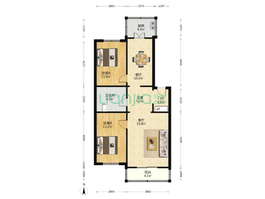 盛华园 2室2厅1卫 81平方