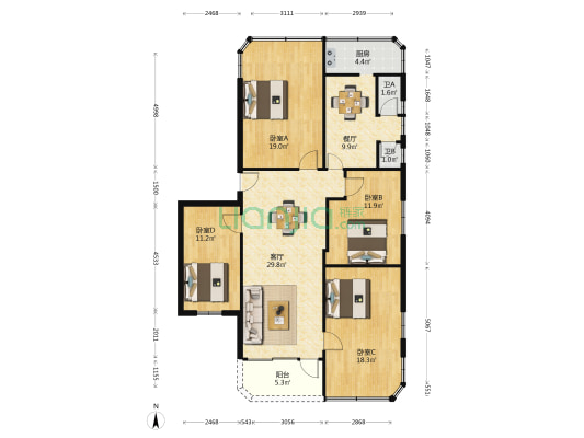 城门四街18号 4室2厅2卫 120平方