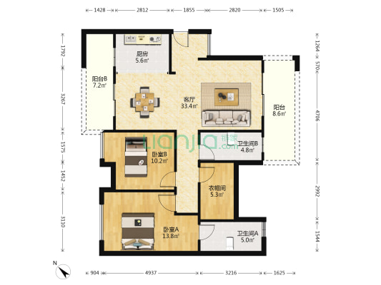 万达九著 2室1厅2卫 108平方