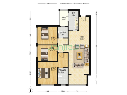 电建德商泷悦天玺 3室1厅2卫 115平方