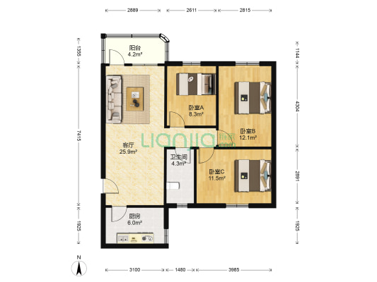 华园路 3室1厅1卫 88平方