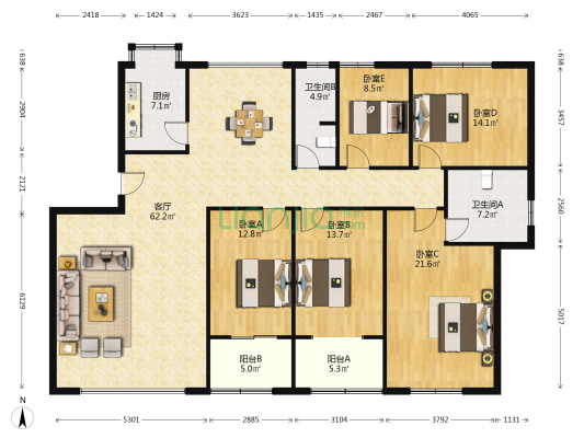 海华锦园 5室1厅2卫 191平方