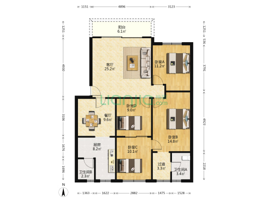 交通大学5号 4室2厅2卫 121平方