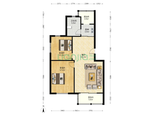德园 2室1厅1卫 113平方