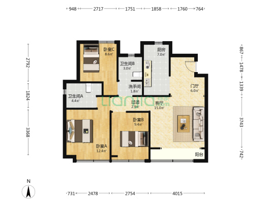 绿城桂语朝阳 3室1厅3卫 114平方