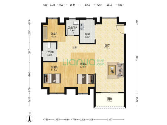 北辰孔雀城航天府 3室1厅2卫 109平方