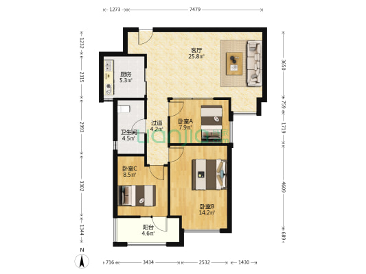 金地自在城K3 3室1厅1卫 88平方