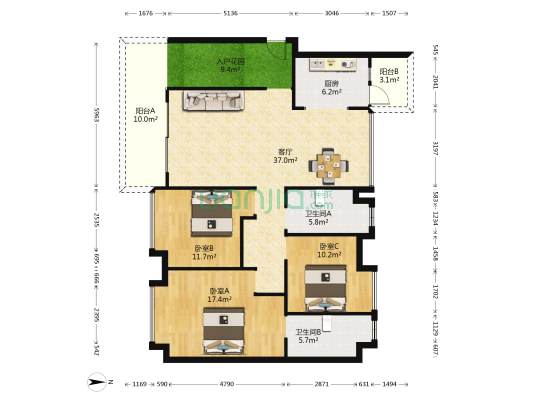 保利林语爱丁堡 3室1厅2卫 132平方
