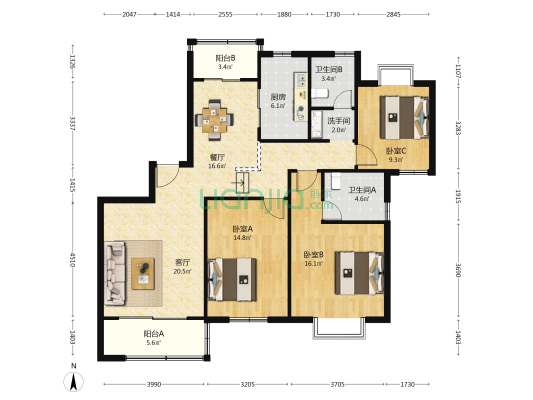 和嘉公寓 3室2厅3卫 136平方