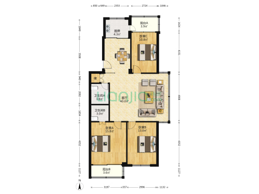 云锦大楼 3室1厅2卫 130平方